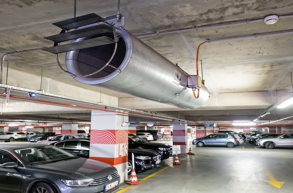Ventilation and exhaust system for parking lot smoke imen control avan